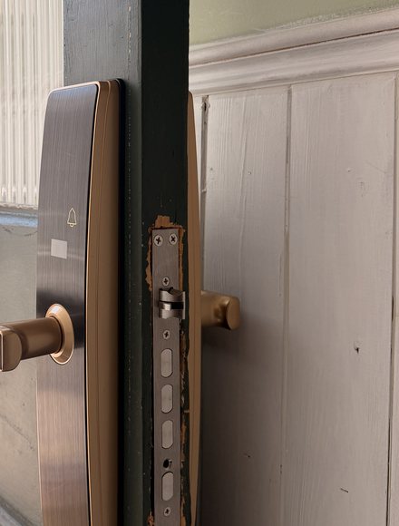 Example photo: the open door seen edge-on, showing the metal plate, bolt and latch set into the edge of the door.